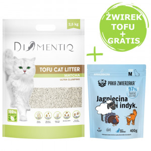 DIAMENTIQ Tofu Matcha Ultra clumping – stelivo pro kočky 2,5 kg + Paka Zwierzaka Jehněčí s krůtím – suché krmivo 400 g ZDARMA.