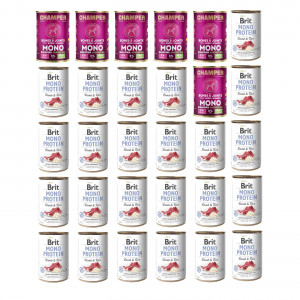 CHAMPER Bones & Joints Mono Jehněčí + BRIT Mono Protein Lamb & Rice – mokré krmivo pro psy – 30×400 g