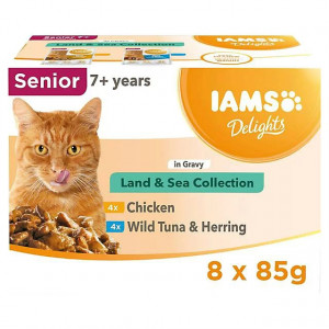 IAMS DELIGHTS Senior Land & Sea Collection in Gravy box – vlhké krmivo pro kočku – 8x85g
