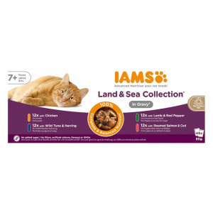 IAMS DELIGHTS Senior Land & Sea Collection in Gravy box – vlhké krmivo pro kočku – 48x85g