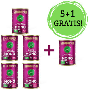 CHAMPER Gastro Hovězí – mokré krmivo pro psy – 5x400g + 1 konzerva ZDARMA!