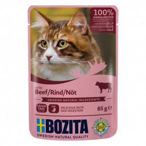 BOZITA Masové kousky v želé s hovězím – vlhké krmivo pro kočku – 85g