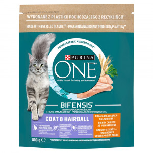 PURINA One Bifensis Coat & Hairball Chicken - suché krmivo pro kočky - 800 g 