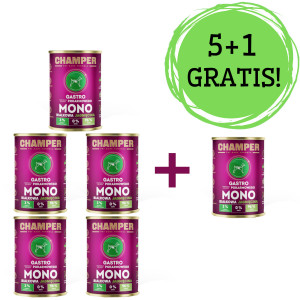 CHAMPER Gastro Jehněčí – mokré krmivo pro psy – 5x400g + 1 konzerva ZDARMA!