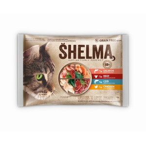 SHELMA Rich in salmon, cod, beef and chicken - mokré krmivo pro kočky - 4x85g