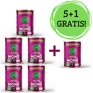 CHAMPER Gastro Losos – mokré krmivo pro psy – 5x400g + 1 konzerva ZDARMA!