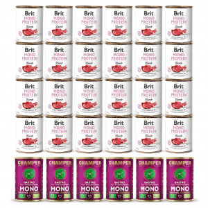 CHAMPER Gastro Mono Jehněčí + BRIT Mono Protein Lamb – mokré krmivo pro psy – 30×400 g