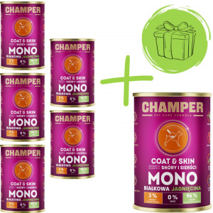 CHAMPER Coat & Skin monoproteinové jehněčí - mokré krmivo pro psy - 5x400g + 400g ZDARMA