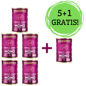 CHAMPER Bones & Joints Losos – mokré krmivo pro psy – 5x400g + 1 konzerva ZDARMA!