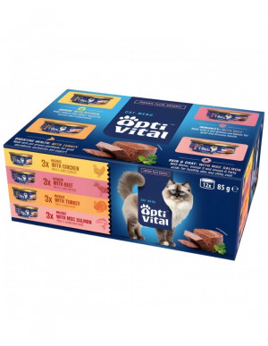 OPTIVITAL Mousse Beef, chicken, turkey, salmon - mokré krmivo pro kočky - 12x85g