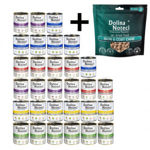 DOLINA NOTECI MIX CHUTÍ – mokré krmivo pro psy – 30x800g + pamlsek pro psy Training Treats Skin and coat 130g