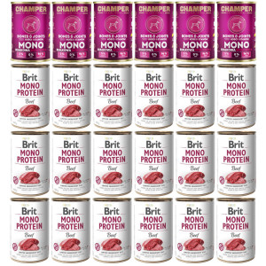 CHAMPER Bones & Joints Mono Hovězí + BRIT Mono Protein Beef – mokré krmivo pro psy – 24×400 g