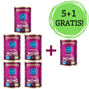 CHAMPER Immuno Jehněčí – mokré krmivo pro psy – 5x400g + 1 konzerva ZDARMA!