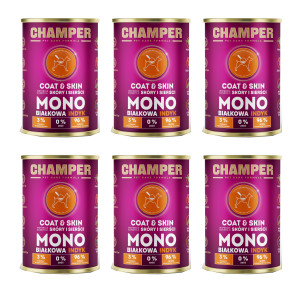CHAMPER Coat & Skin monoproteinový krůtí – mokré krmivo pro psa – 6×400 g