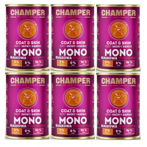 CHAMPER Coat & Skin monoproteinové hovězí – mokré krmivo pro psa – 6×400 g