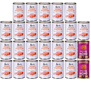 CHAMPER Coat & Skin Mono Krůta + BRIT Mono Protein Turkey & Sweet Potato – mokré krmivo pro psy – 26×400 g