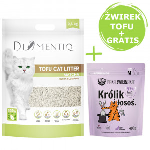 DIAMENTIQ Tofu Matcha Ultra clumping – stelivo pro kočky 2,5 kg + Paka Zwierzaka Králík s lososem – suché krmivo 400 g ZDARMA.