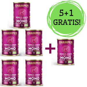 CHAMPER Bones & Joints Jehněčí – mokré krmivo pro psy – 5x400g + 1 konzerva ZDARMA!
