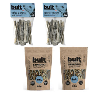 BULT Eko MIX chutí sušených mořských šprotů a tresčí kůže – pochoutka pro psy – 2x50g + 2x60g