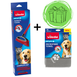 VILEDA Pet Pro Always Clean Gumový kartáč s tyčí pro odstraňování srsti + ZDARMA! Ručník z mikrovlákna Vileda PET PRO M 70x45 cm