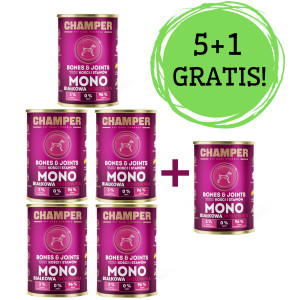 CHAMPER Bones & Joints Hovězí – mokré krmivo pro psy – 5x400g + 1 konzerva ZDARMA!