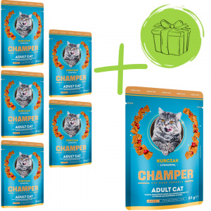 CHAMPER Kuře s brusinkami – mokré krmivo pro kočky – 5×85 g + 85 g ZDARMA
