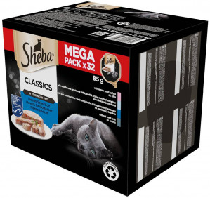 SHEBA Classics Ocean Selection Pate White Fish, Cod, Salmon, Tuna - mokré krmivo pro kočky – 32x85 g