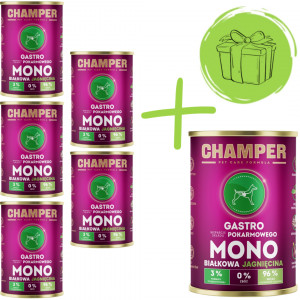 CHAMPER Gastro jehněčí - mokré krmivo pro psy - 5x400g + 400g ZDARMA