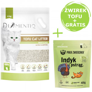 DIAMENTIQ Tofu Matcha Ultra clumping – stelivo pro kočky 4 kg + Paka Zwierzaka Krocan a pstruh – suché krmivo pro koťata 400 g ZDARMA.