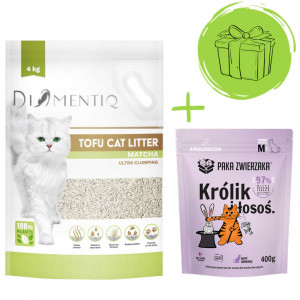 DIAMENTIQ Tofu Matcha Ultra clumping – stelivo pro kočky 4 kg + Paka Zwierzaka Králík s lososem – suché krmivo 400 g ZDARMA.