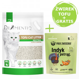 DIAMENTIQ Tofu Neutral Ultra clumping – stelivo pro kočky 4 kg + Paka Zwierzaka Krocan a pstruh – suché krmivo pro koťata 400 g ZDARMA.