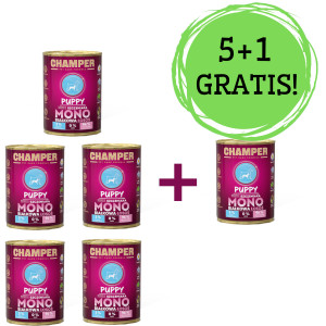 CHAMPER Puppy Losos – mokré krmivo pro psy – 5x400g + 1 konzerva ZDARMA!