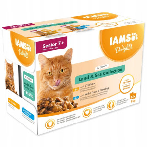 IAMS DELIGHTS Senior Land & Sea Collection in Gravy box – vlhké krmivo pro kočku – 12x85g