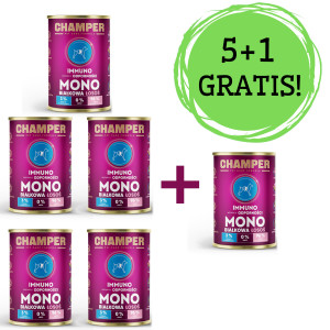 CHAMPER Immuno Losos – mokré krmivo pro psy – 5x400g + 1 konzerva ZDARMA!