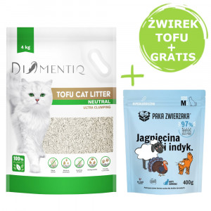 DIAMENTIQ Tofu Neutral Ultra clumping – stelivo pro kočky 4 kg + Paka Zwierzaka Jehněčí a krůtí – suché krmivo 400 g ZDARMA.