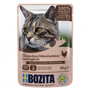 BOZITA Masové kousky v želé s kuřecími játry – vlhké krmivo pro kočku – 85g