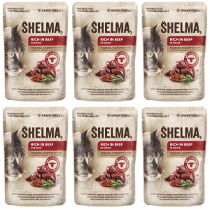 SHELMA Rich in beef in sauce - mokré krmivo pro kočky - 6x85g