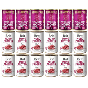 CHAMPER Bones & Joints Mono Hovězí + BRIT Mono Protein Beef – mokré krmivo pro psy – 18×400 g