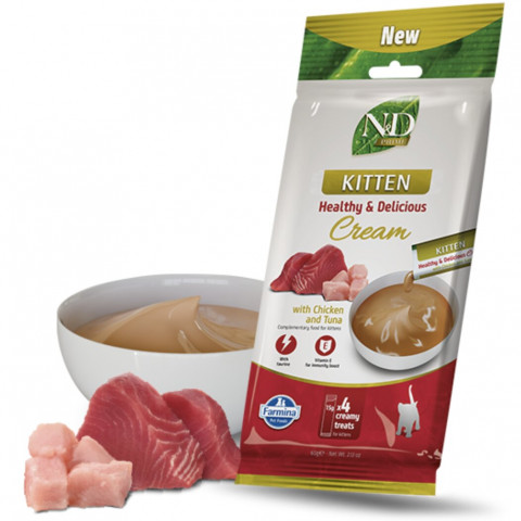 FARMINA N&D Prime Cat Cream with chicken & tuna kitten box – pamlsek pro kotě – 12x(4x15g) - Fotogalerie 3