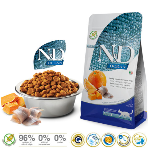 FARMINA N&D Ocean Herring, Pumpkin & Orange Adult - suchá karma pro kočku - 1,5kg - Fotogalerie 8