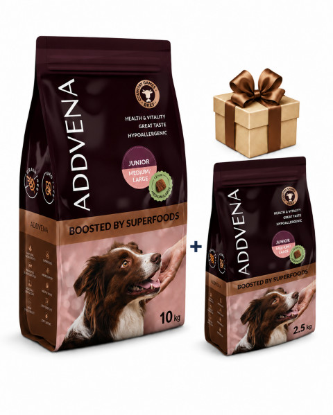 ADDVENA Boosted by superfoods Junior Medium/Large Beef – suché krmivo pro psy – 10 kg + 2,5 kg ZDARMA! - Fotogalerie 1