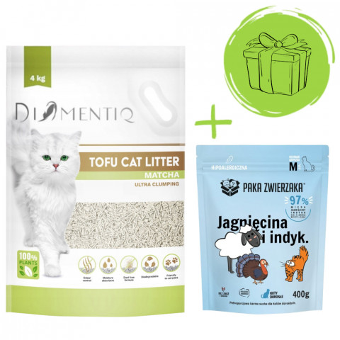 DIAMENTIQ Tofu Matcha Ultra clumping – stelivo pro kočky 4 kg + Paka Zwierzaka Jehněčí a krůtí – suché krmivo 400 g ZDARMA. - Fotogalerie 1