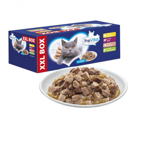 PREVITAL XXL BOX Mix chutí s kuřetem, telecím, lososem a játry v omáčce - mokré krmivo pro kočky - 48 x 100g - Fotogalerie 2