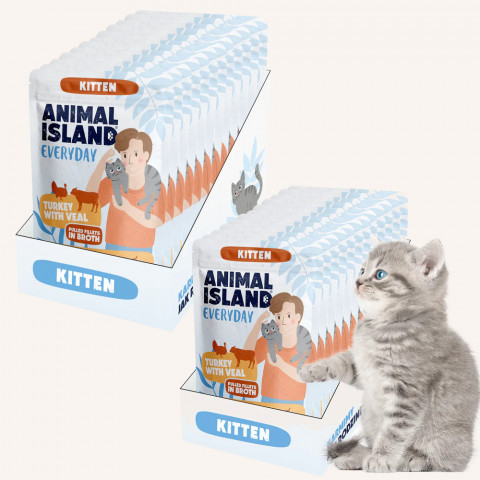 ANIMAL ISLAND Everyday Kitten Turkey with veal in broth - mokré krmivo pro kočky - 24x85g - Fotogalerie 1