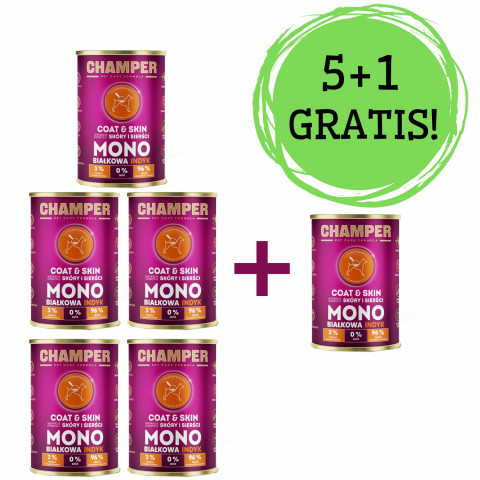 CHAMPER Coat & Skin Krůta – mokré krmivo pro psy – 5x400g + 1 konzerva ZDARMA! - Fotogalerie 1