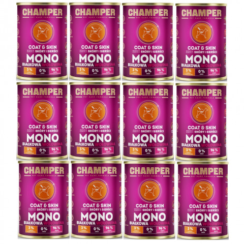 CHAMPER Coat & Skin monoproteinové hovězí – mokré krmivo pro psa – 12×400 g - Fotogalerie 1