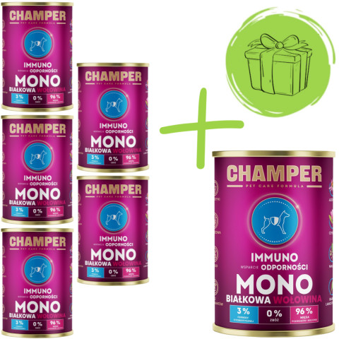 CHAMPER Immuno monoproteinové hovězí - mokré krmivo pro psy - 5x400g + 400g ZDARMA - Fotogalerie 1