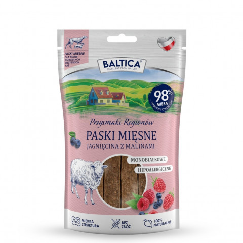 BALTICA Przysmaki Regionów Mono Masové pásky Jehněčí s malinami – pamlsek pro psa – 90 g - Fotogalerie 1