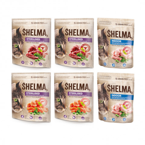 SHELMA Sterilised and Indoor Mix 3 Flavours - suché krmivo pro kočky - 6x750g - Fotogalerie 1