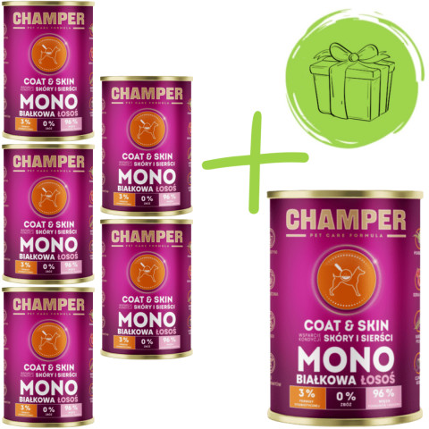 CHAMPER Coat & Skin monoproteinový losos - mokré krmivo pro psy - 5x400g + 400g ZDARMA - Fotogalerie 1